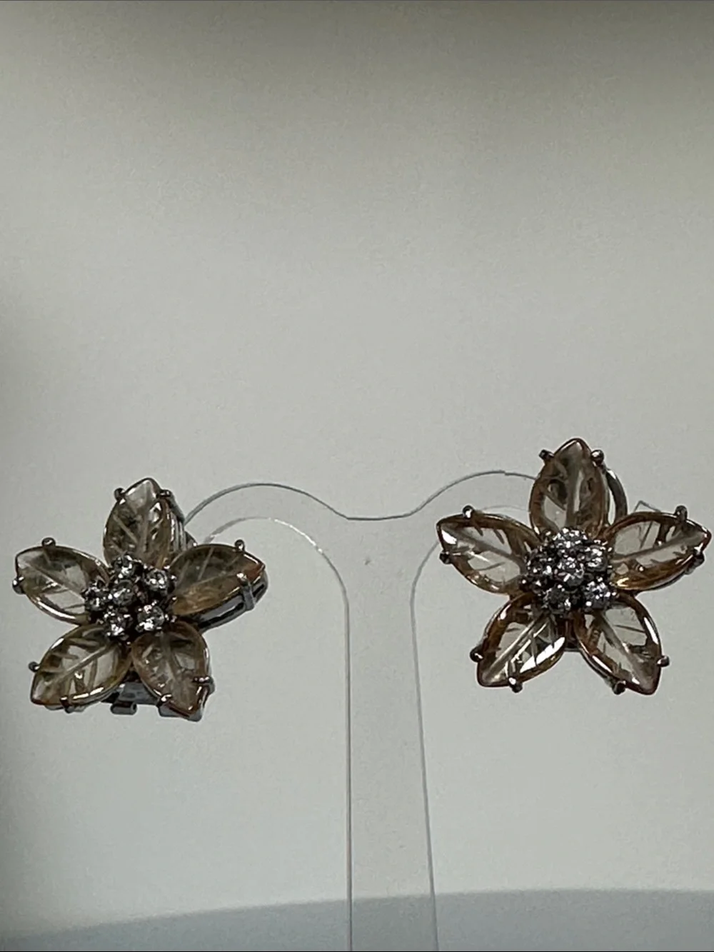Sterling Silver Petal Citrine Floral Stud Earrings in Champagne Gold Tone